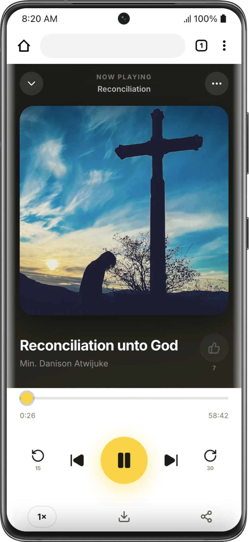 FHC Sermons on Samsung Galaxy S21, home screen with Continue Listening and featured sermon
