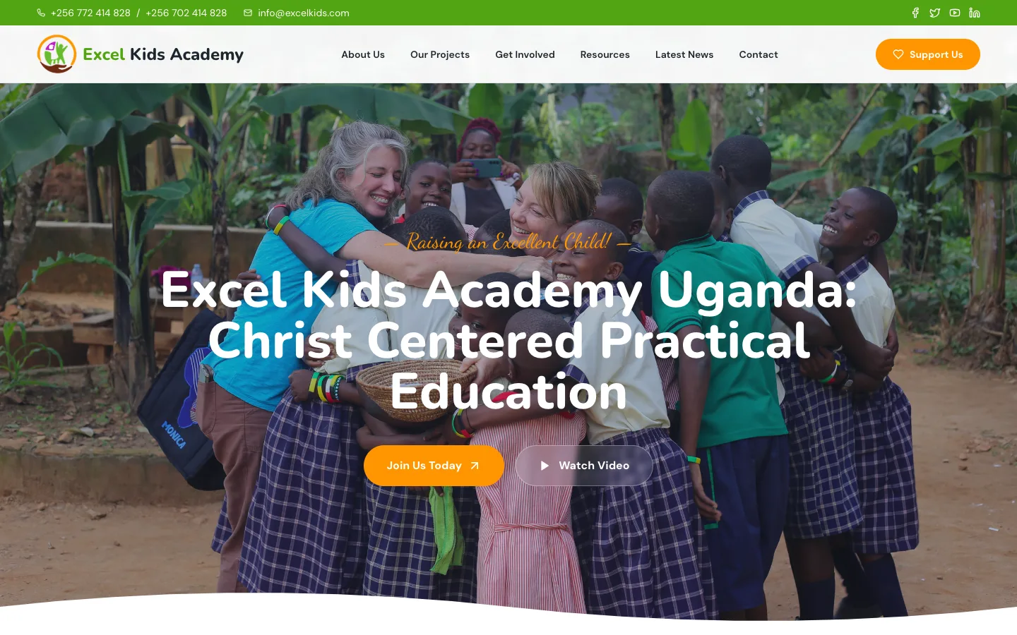 Excel Kids Academy website homepage showing the school's Christ-centered education programs and ways for parents and supporters to get involved