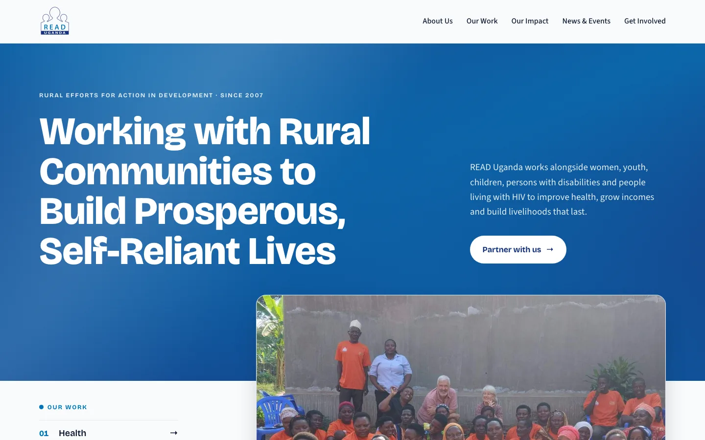READ Uganda website homepage with the headline Working with Rural Communities to Build Prosperous, Self-Reliant Lives, a Partner with us button and a photo of a community savings group