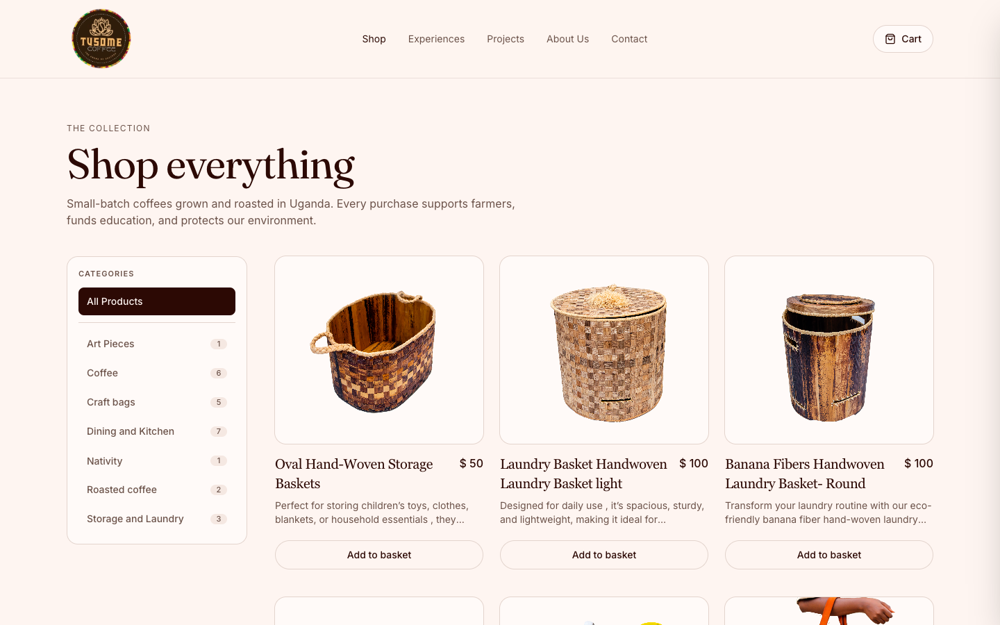 Tusome Coffee website homepage showing their mission to fund children's education through small-batch Ugandan coffee sales, with impact numbers and product listings
