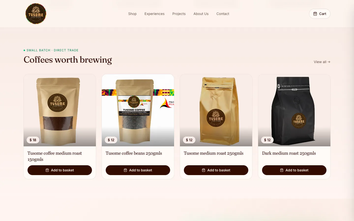 Tusome Coffee website homepage showing their mission to fund children's education through small-batch Ugandan coffee sales, with impact numbers and product listings