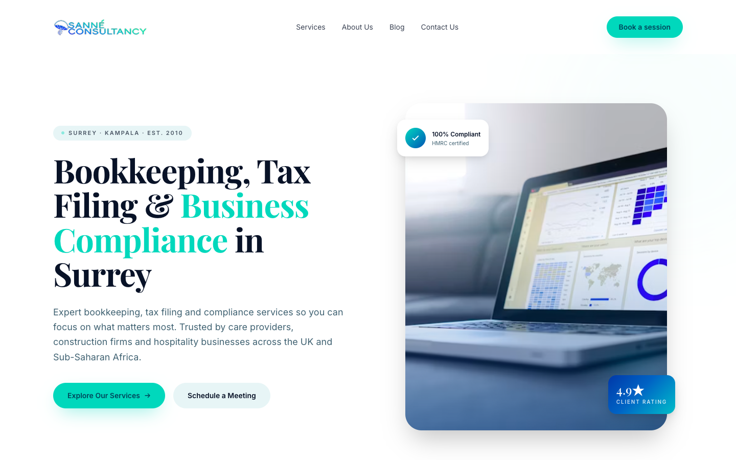 Sanne Consultancy website homepage showing the bookkeeping and tax compliance services, with clean navy and teal branding and a 4.9-star client rating badge
